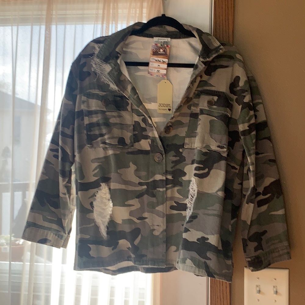 Camo distressed denim jacket NWT